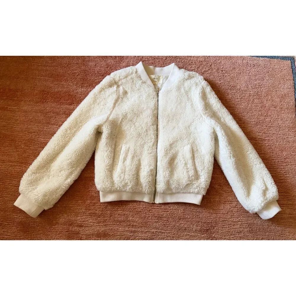 IRIS Los Angeles Cream Sherpa Bomber Jacket Zip Faux Fur L (Runs Small)